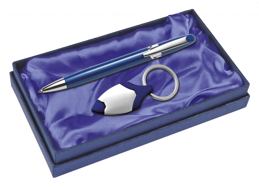 SET BALLPOINT PEN AND KEY CHAIN - BLUE