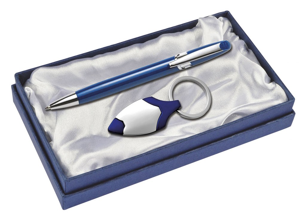 SET BALLPOINT PEN AND KEY CHAIN - BLUE