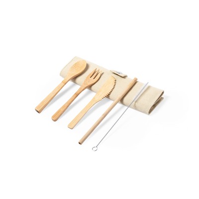 Bamboo cutlery and reusable drinking straw with cleaning brush