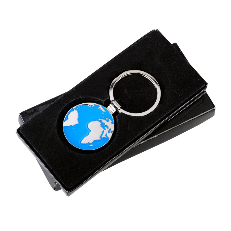 GLOBE RING metal key ring,  silver/blue