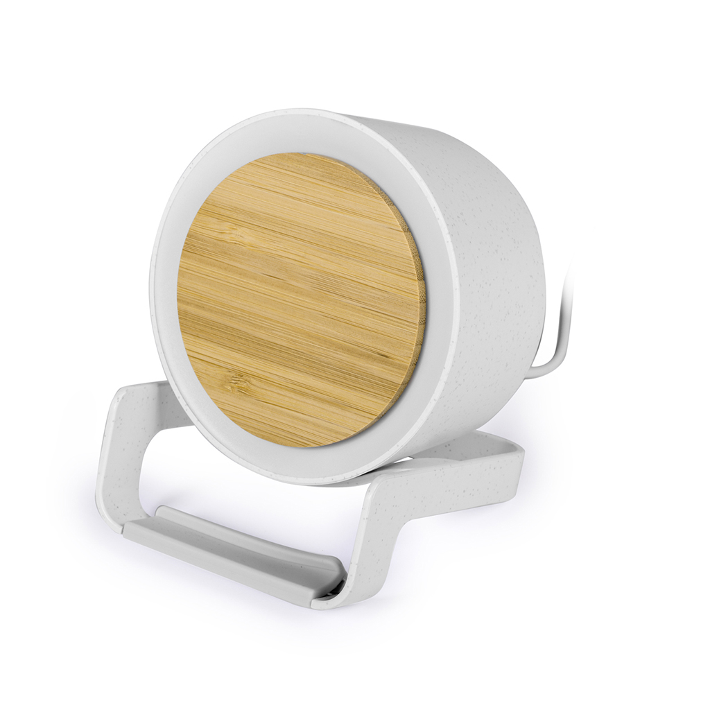 BLUETOOTH SPEAKER WITH WIRELESS CHARGER IN WHEAT STRAW ABS BAMBOO