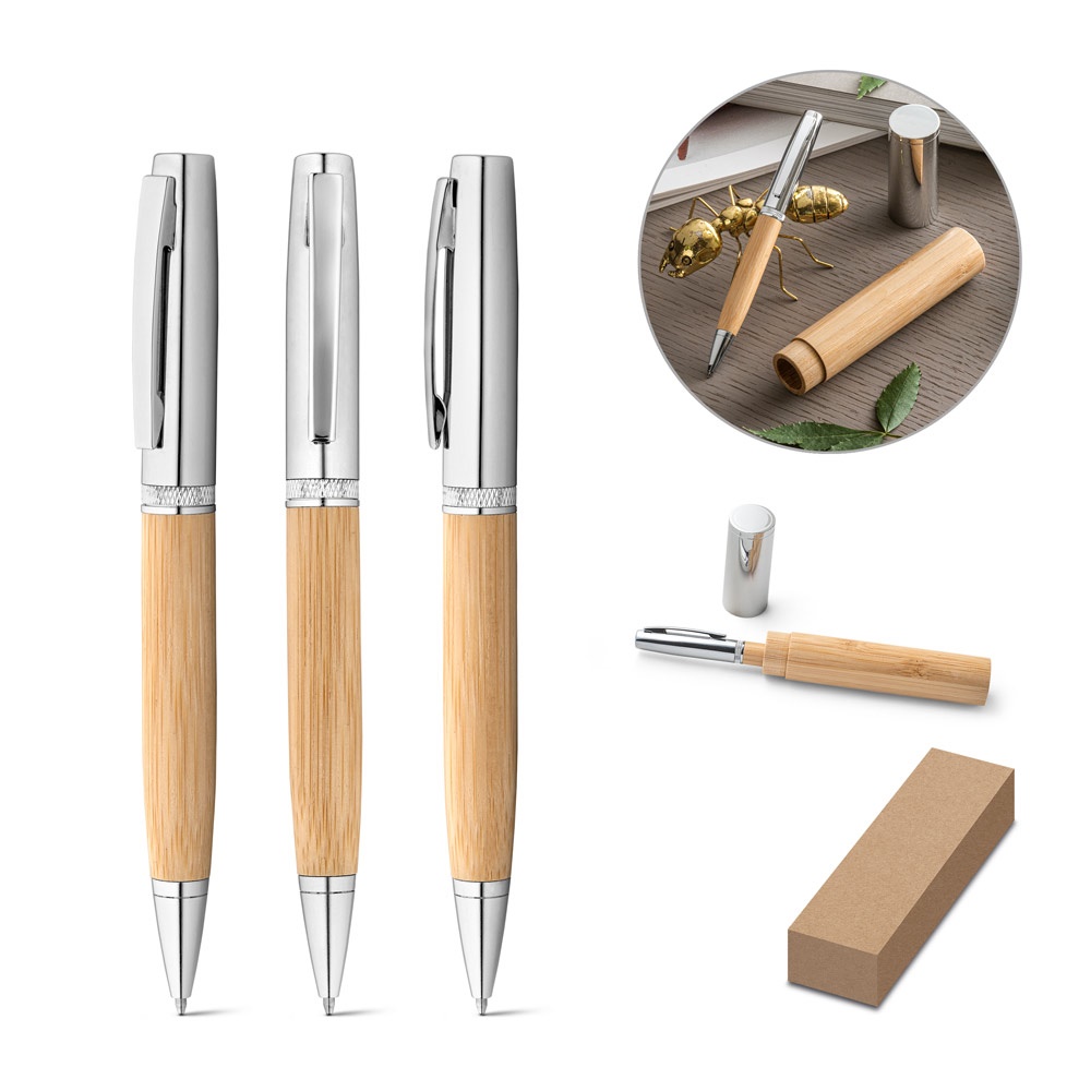 FUJI. Bamboo and metal ball pen with case