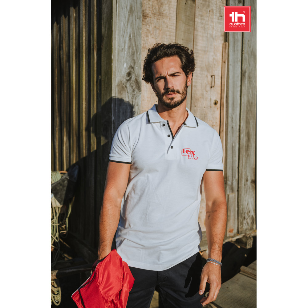 THC ROME WH. Men's Polo Shirt with contrast colour trim and buttons. White