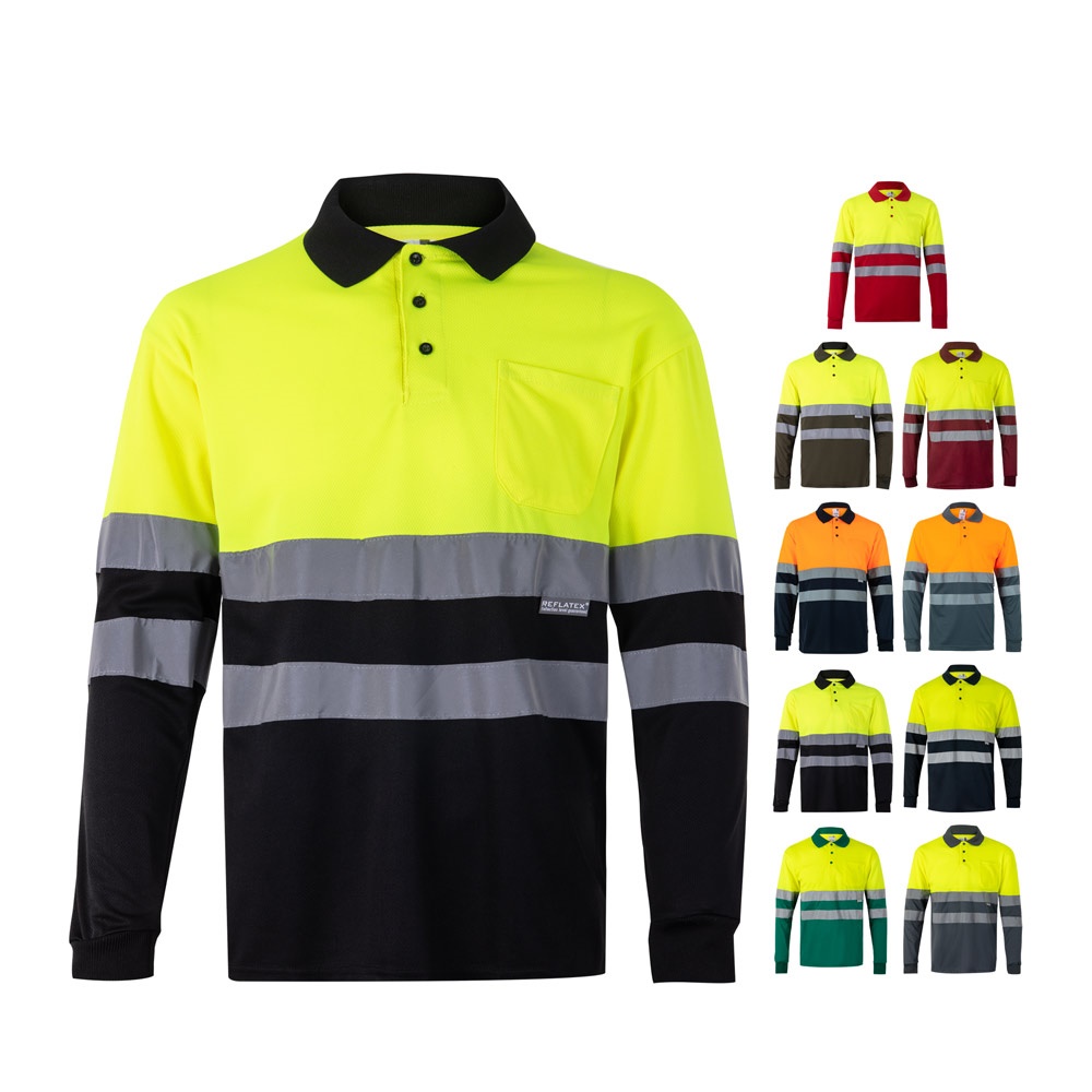 VL VULCAN. Two-tone bird-eye polo shirt (160g/m²) with long sleeves, in polyester (100%)