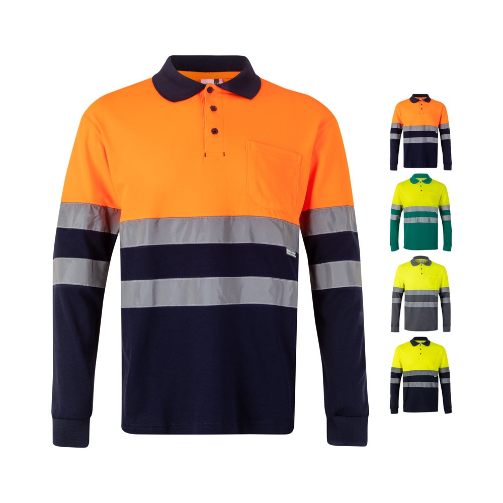 VL PLUTO LARGE. Two-tone piqué polo shirt (150g/m²) with long sleeves, in cotton (55%) and polyester (45%)