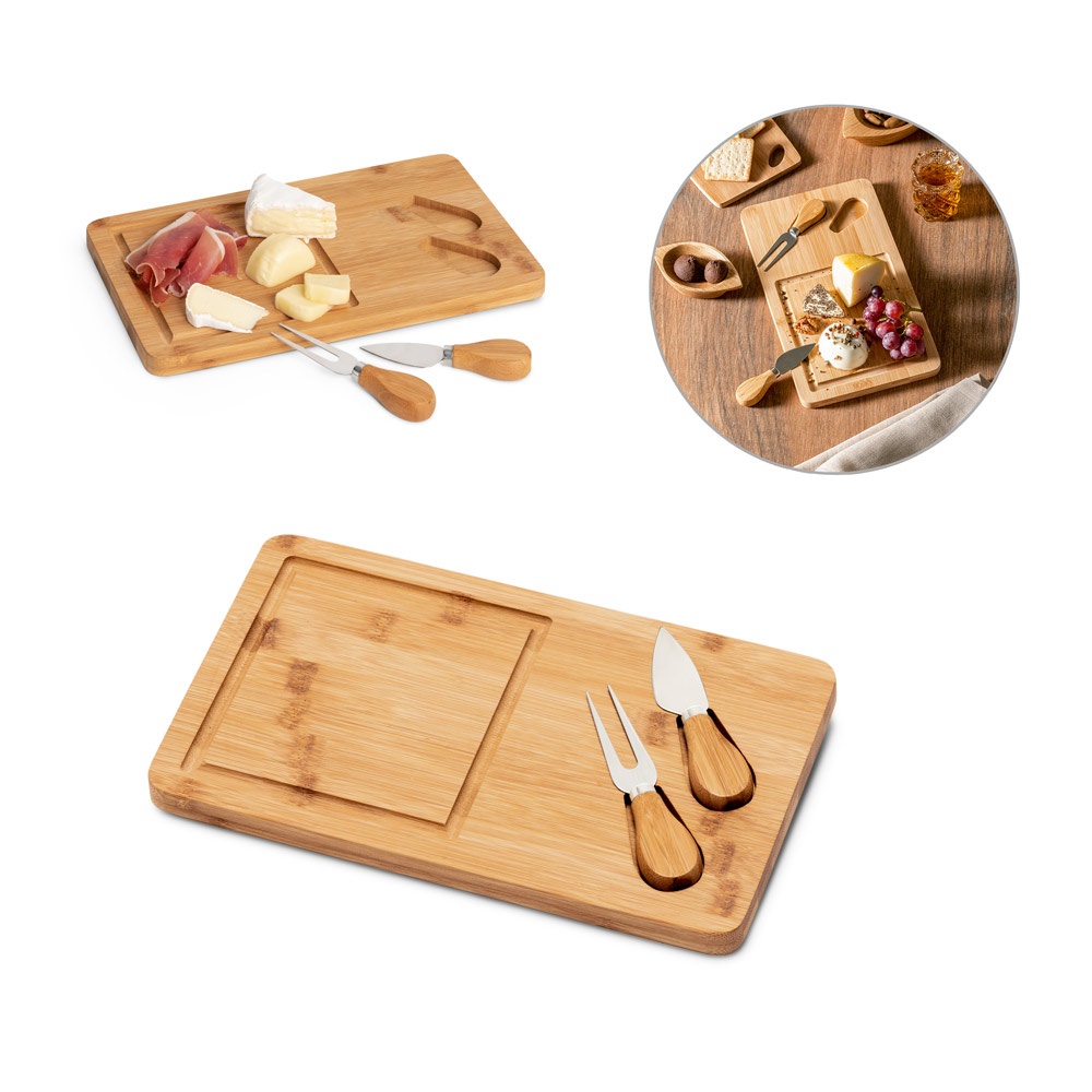 WOODS. Bamboo cheese board with 2 bamboo and stainless steel accessories