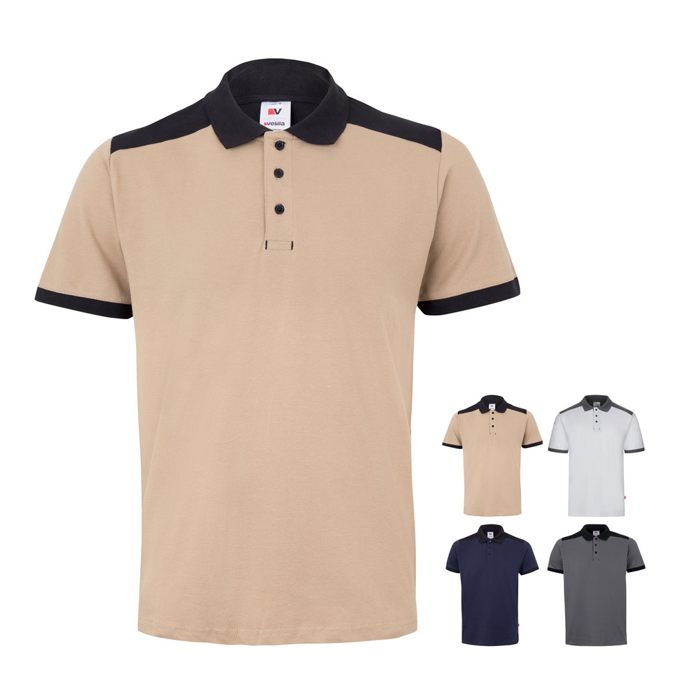 VL VELES. Two-tone stretch piqué polo shirt (200g/m²) with short sleeves, in polyester (96%) and elastane (4%)