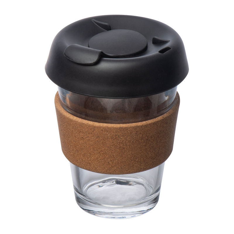 Glass mug with leak proof lid and a cork gripzone