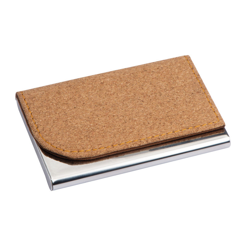 Metal business card holder with cork surface