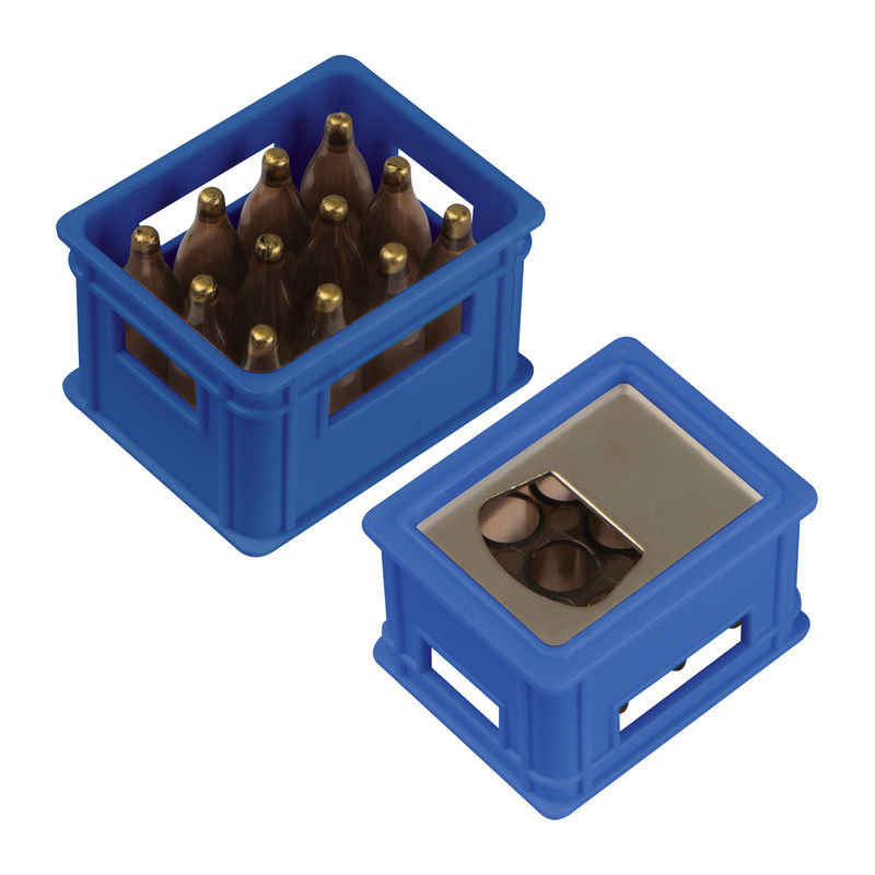 Bottle opener in the shape of a beer crate