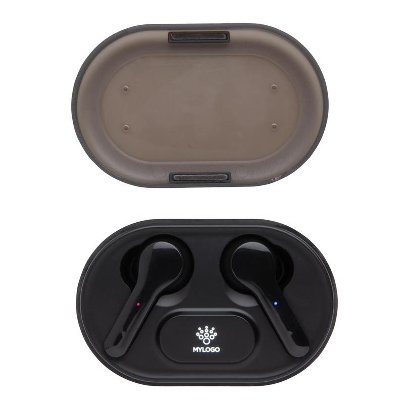 Light up logo TWS earbuds in charging case