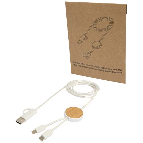 Chechia 5-in-1 recycled plastic 150 cm data sync and 27W fast charge cable with bamboo details