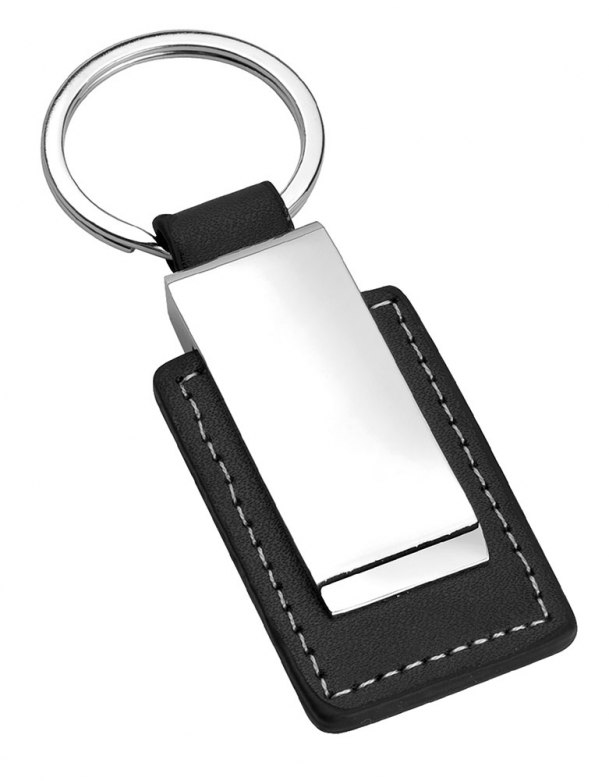 KEYCHAIN  SHINY METAL-  BLACK LEATHER