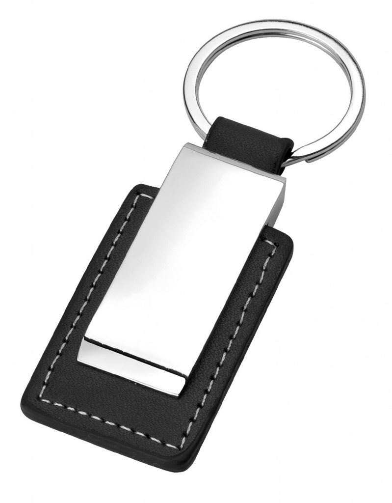 KEYCHAIN  SHINY METAL-  BLACK LEATHER